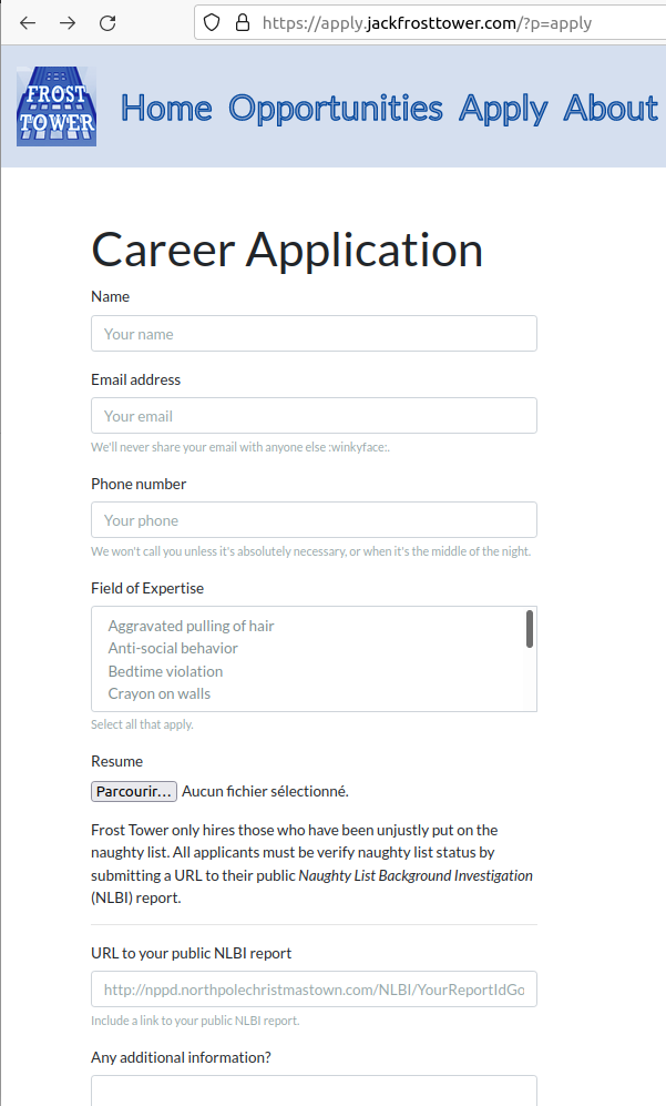 The job application form. There are several fields: name, email address, phone number, field of expertise, a resume upload button, a URL to our public NLBI report, and a text area for additional information.