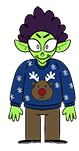 Grody Goiterson. They're a troll wearing a night blue Christmas jumper with a reindeer with a red nose in the middle. They have brown pants and black shoes. Their hair is purple and frizzy.