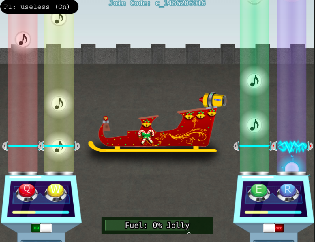 A game of Holiday Hero. In the middle of the screen, Santa's sleigh. At the bottom of the screen, the sleigh's fuel gauge. On the left-hand side of the screen, two tracks (a red one and a yellow one). There are two buttons below the tracks, one marked Q for the red track, one marked W for the yellow track. On the right-hand side of the screen, there are two similar tracks: a green one and a blue one, with their corresponding buttons, marked E and R. Inside the tracks, music notes are falling down. They can get zapped by a blue laser when the user presses the buttons down at the right time.