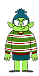 Noxious O. D'or. They're a troll, wearing a sweater with green, red, and white stripes, a dark green skirt, black shoes, and a turquoise beanie.