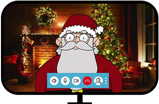 Santa Claus on a visio-call. He's standing in front of a chimney and a Christmas tree.
