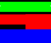 A black square with a green, a red, and a blue rectangles.