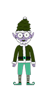 Alabaster Snowball is an elf with purple skin, a dark green coat with white fur, light green pants, black- and white-striped socks, and green pointy elf shoes. He has a dark green Christmas hat on his head. He's wearing big, roung glasses, and has a white beard.