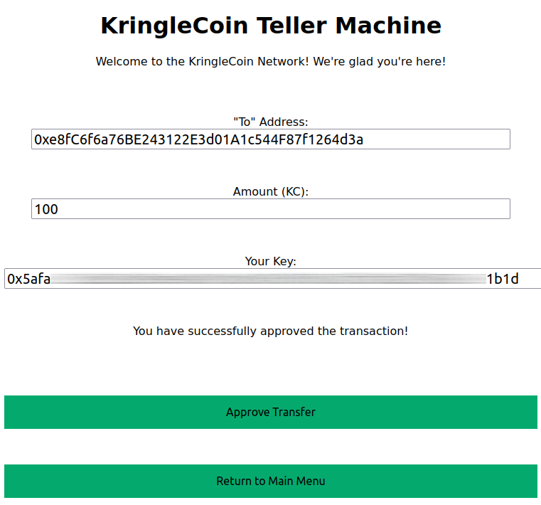 The KCTM interface. There are three fields. The first one is filled with the wallet address of BSRS. The second one is the amount of the transaction, 100 KC. The third one is my censored private key. The interface then reads "You have successfully approved the transaction!"
