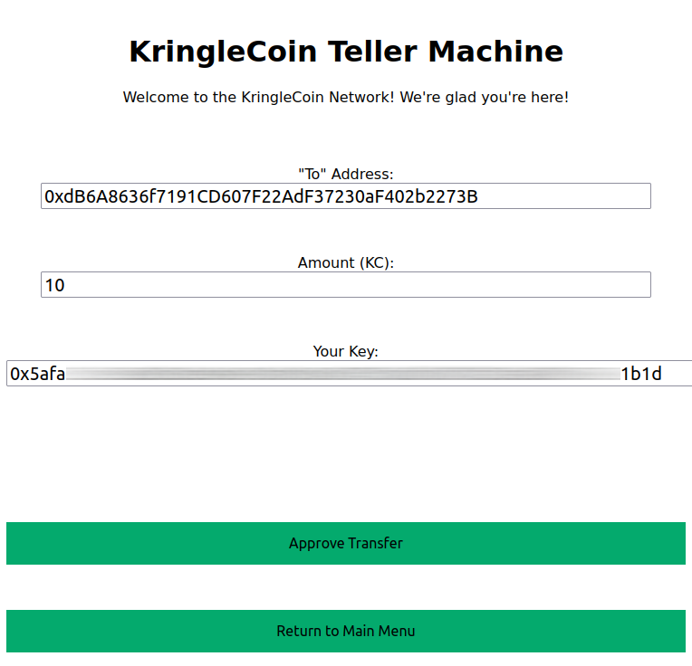 The KTM interface where we're buying our hat. There are three fields. The first one is the destination wallet address, filled with the value given by the vending machine. The second is the amount of the transaction, which is 10 KC. The last one is my censored private key.