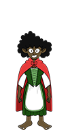 Jill Underpole is a Flobbit with black skin and curly dark hair. She is wearing a green dress with white sleeves, a white apron, and a red cape.