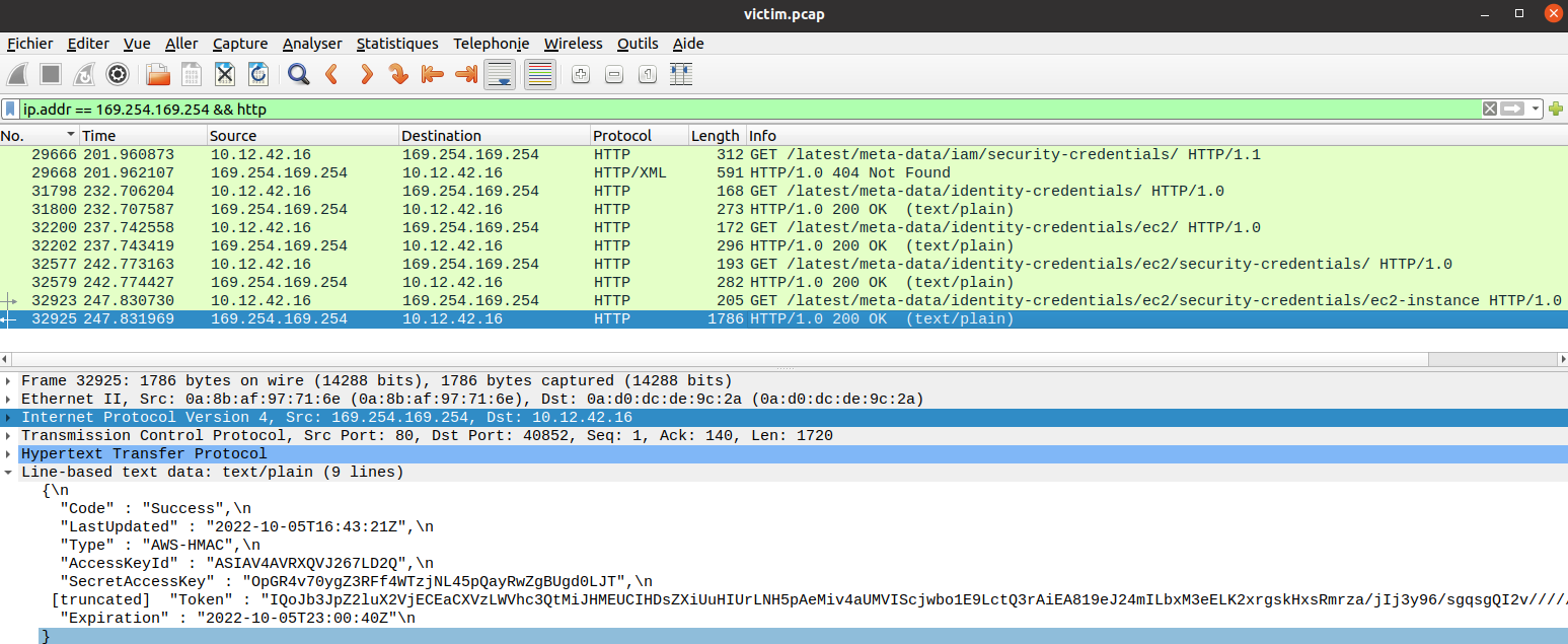 The Wireshark's interface with the result of our filtering. We can see that the last request retrieves EC2 credentials.