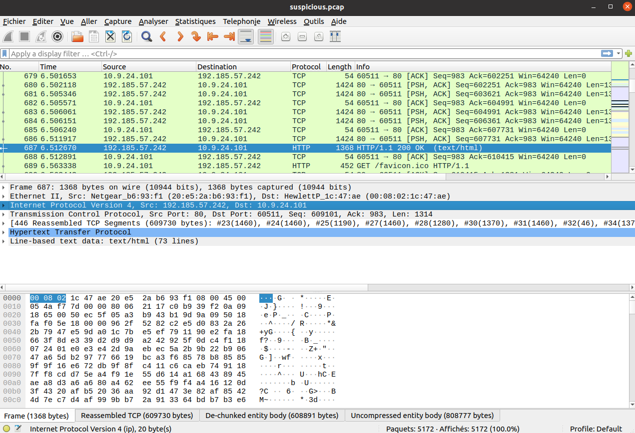 Packet 687. We see the response from the Apache server, with a source IP of 192.185.57.242.