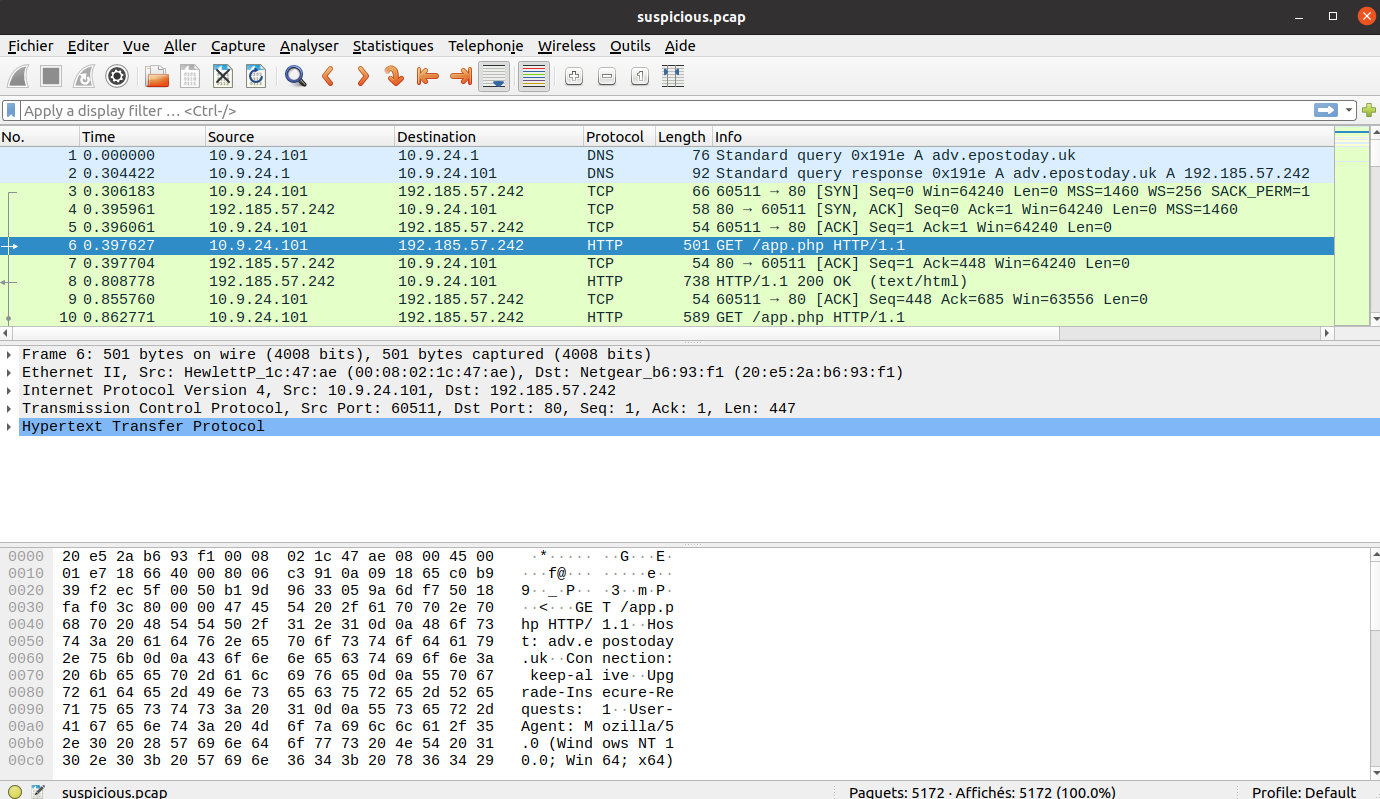 The suspicious.pcap file opened in Wireshark. We mostly see HTTP traffic.